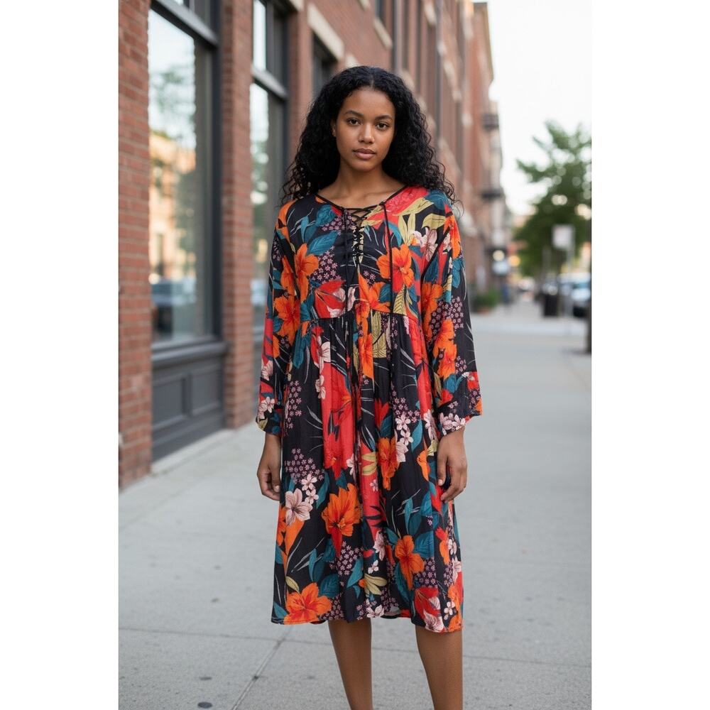 Johnny Was Midi Dress Womens Large Orange Whimsical Hibiscus Floral Tropical